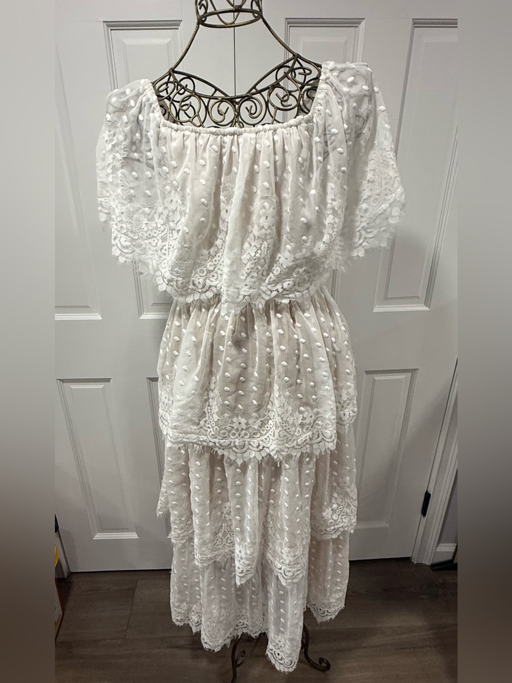 Show Me Your MuMu White Swiss Dot Tiered Maxi with Lace Trim